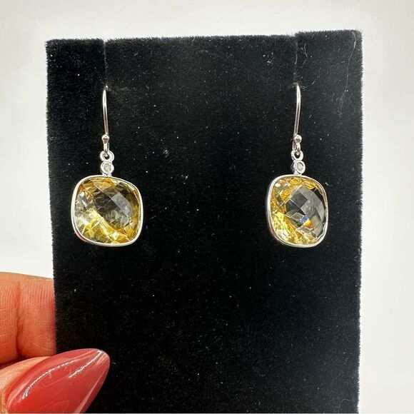 7.11cts faceted checkerboard cushion cut citrine on 925 dangle earrings! - Picture 13 of 14